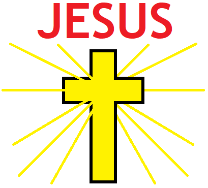 A yellow cross with rays of light and the word JESUS in red above it